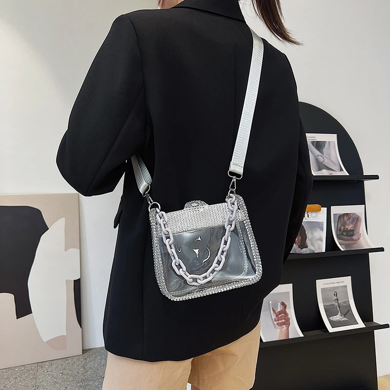 2026 NEW Transparent Shoulder Bag New Chain Handbag Fashionable Diamond Inlaid Jelly Bag PVC Women Crossbody Bag