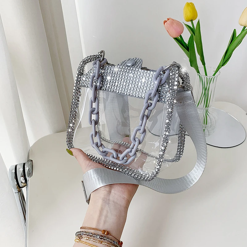 2026 NEW Transparent Shoulder Bag New Chain Handbag Fashionable Diamond Inlaid Jelly Bag PVC Women Crossbody Bag