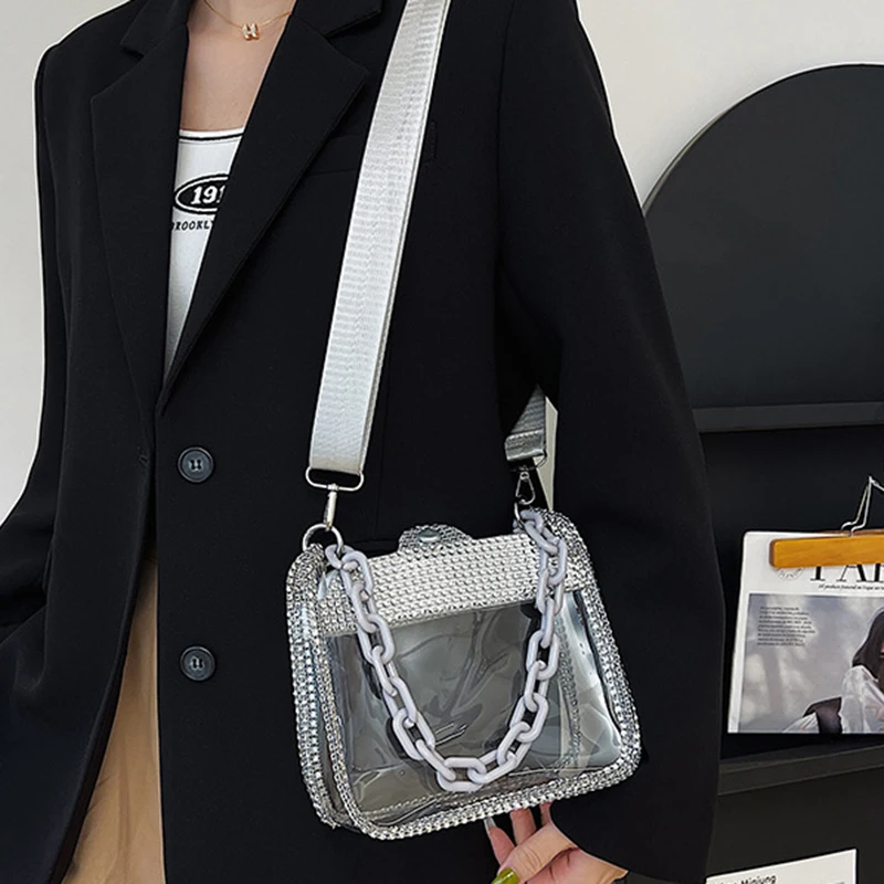 2026 NEW Transparent Shoulder Bag New Chain Handbag Fashionable Diamond Inlaid Jelly Bag PVC Women Crossbody Bag