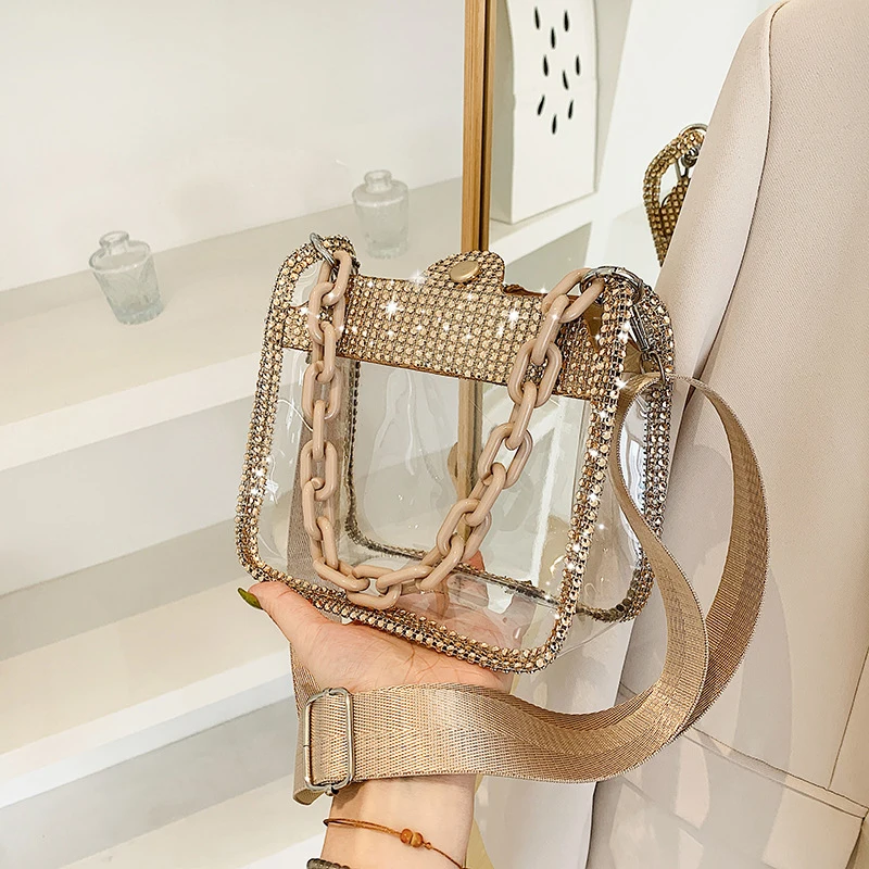 2026 NEW Transparent Shoulder Bag New Chain Handbag Fashionable Diamond Inlaid Jelly Bag PVC Women Crossbody Bag