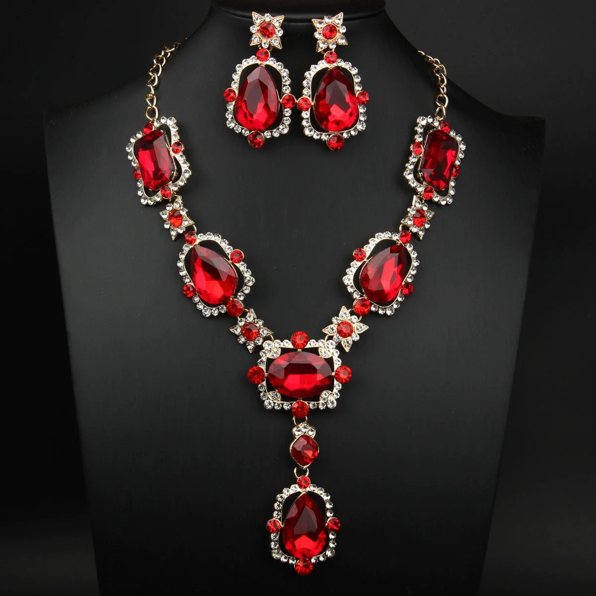 Fashionable full-diamond gemstone retro large glass crystal necklace and earrings set - women's personalized accessories