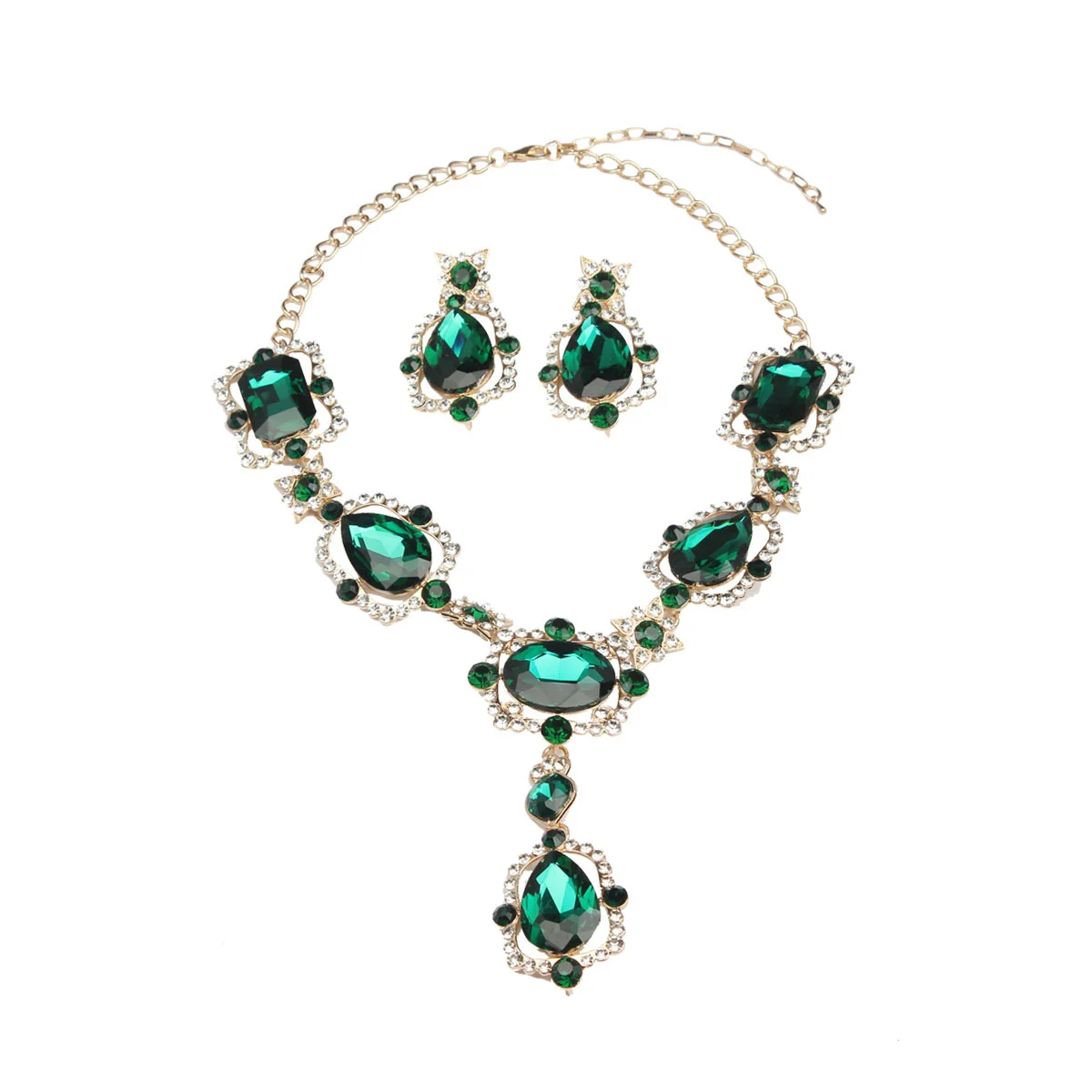 Fashionable full-diamond gemstone retro large glass crystal necklace and earrings set - women's personalized accessories