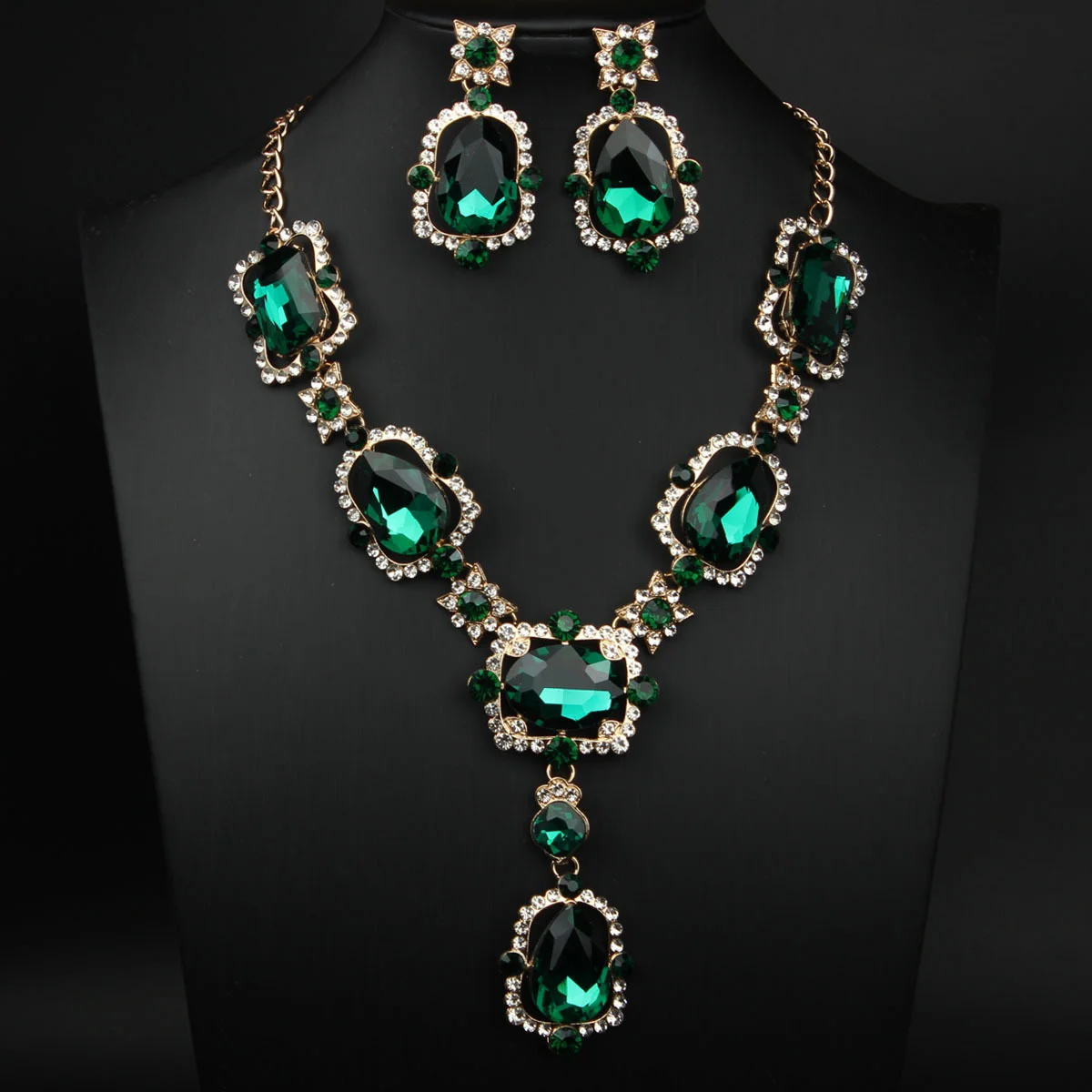 Fashionable full-diamond gemstone retro large glass crystal necklace and earrings set - women's personalized accessories