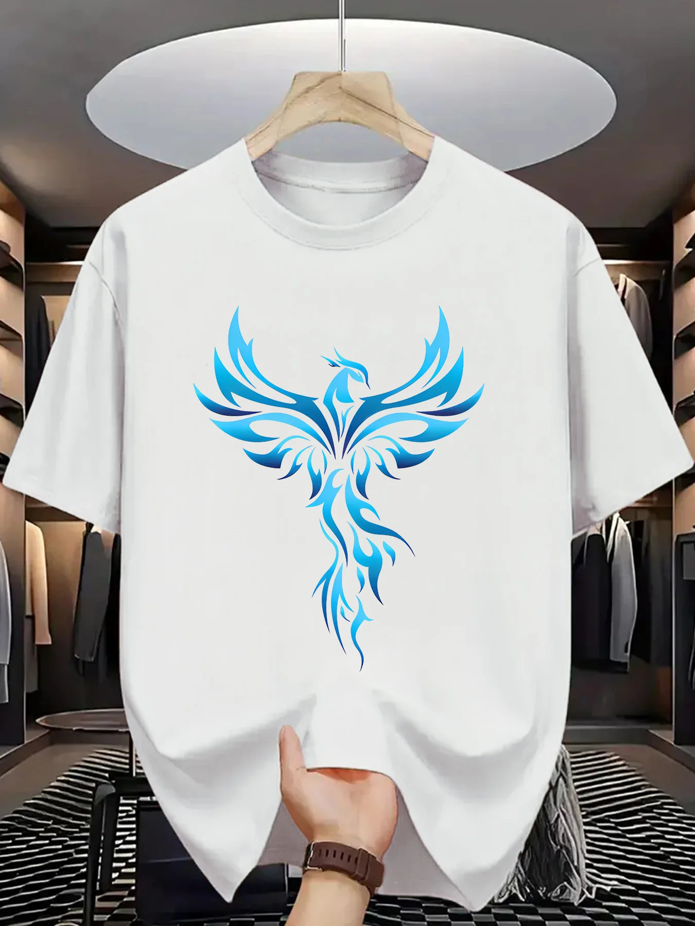 Men's Summer 100% Cotton Casual Loose Blue Phoenix Pattern Printed Comfortable Sports Round Neck Short Sleeve T-shirt Top