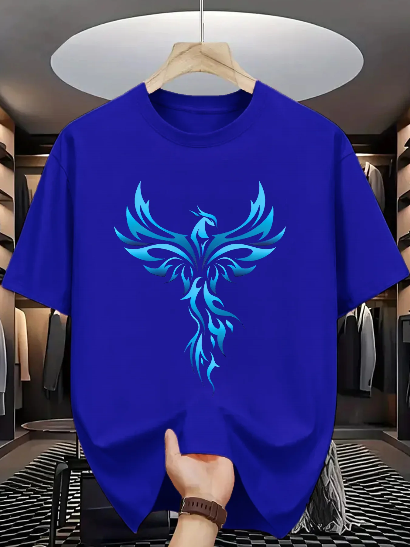 Men's Summer 100% Cotton Casual Loose Blue Phoenix Pattern Printed Comfortable Sports Round Neck Short Sleeve T-shirt Top
