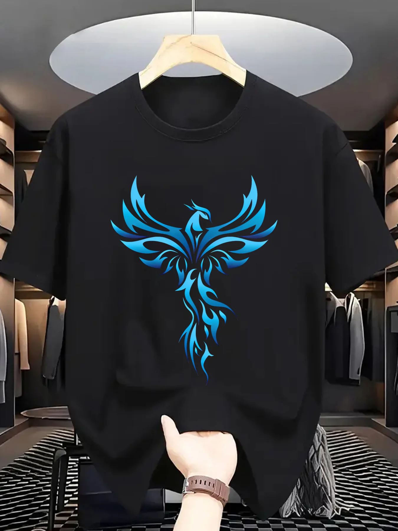 Men's Summer 100% Cotton Casual Loose Blue Phoenix Pattern Printed Comfortable Sports Round Neck Short Sleeve T-shirt Top