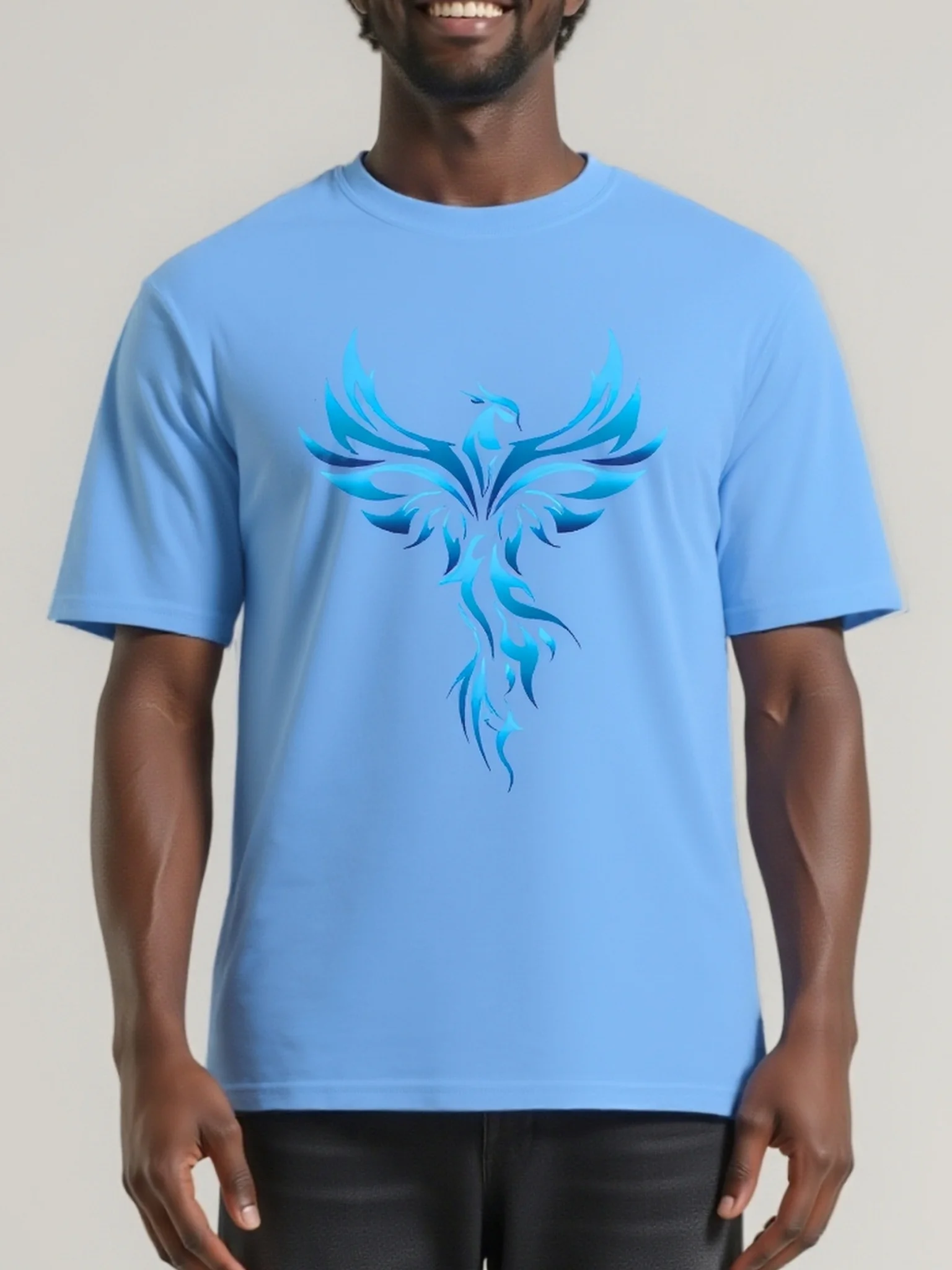 Men's Summer 100% Cotton Casual Loose Blue Phoenix Pattern Printed Comfortable Sports Round Neck Short Sleeve T-shirt Top