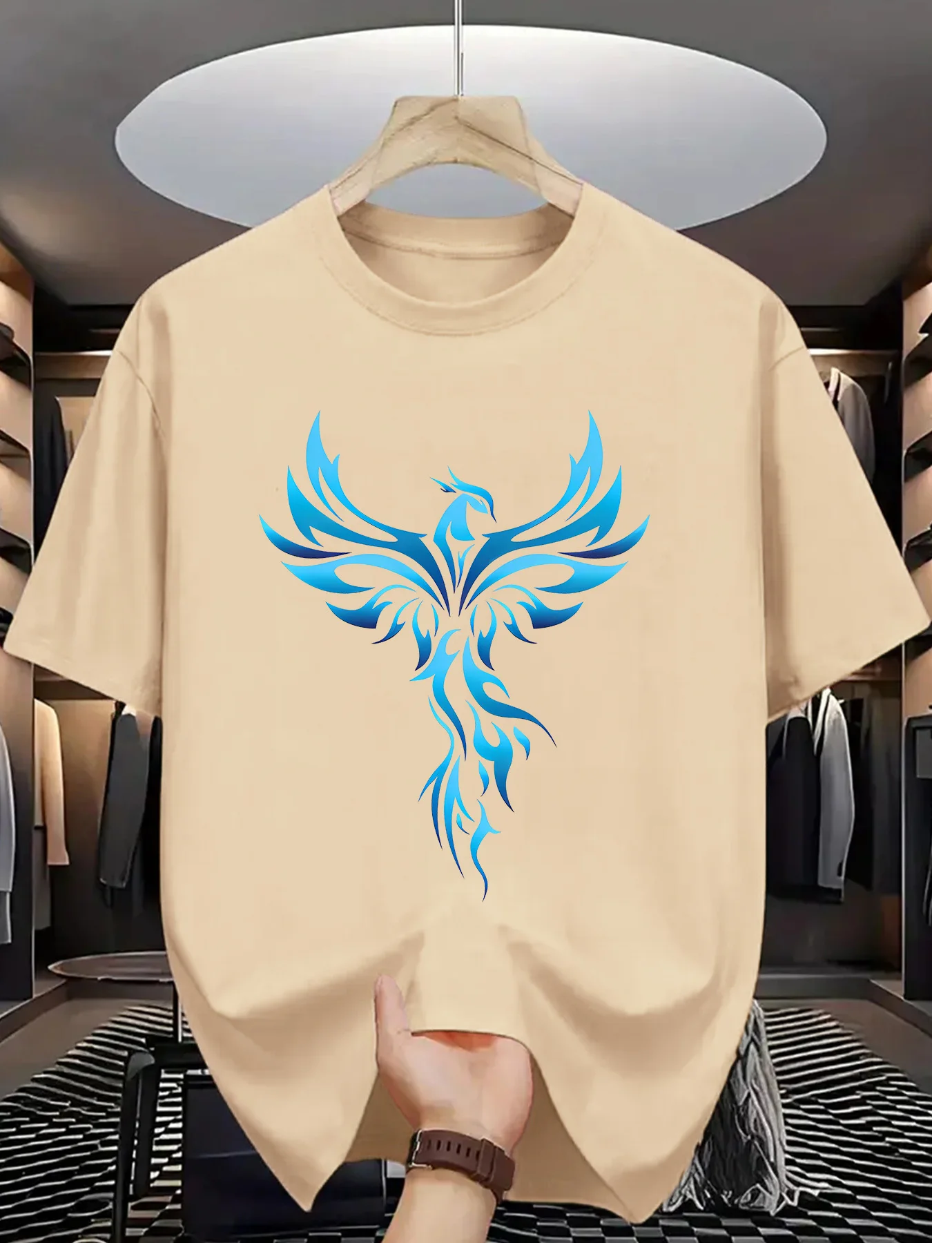 Men's Summer 100% Cotton Casual Loose Blue Phoenix Pattern Printed Comfortable Sports Round Neck Short Sleeve T-shirt Top