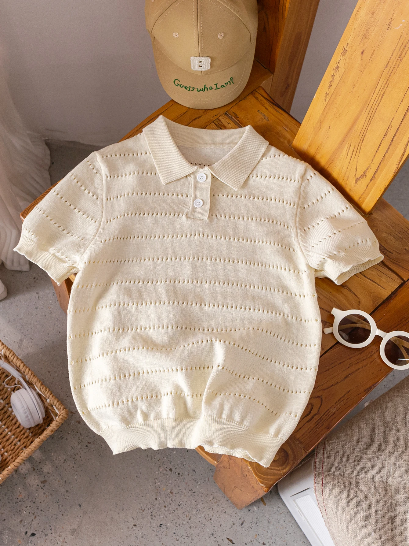 Boys' College Style Solid Color Hollow Collar Polo Shirt Short-Sleeved Thin Knit Sweater Pullover Sweater