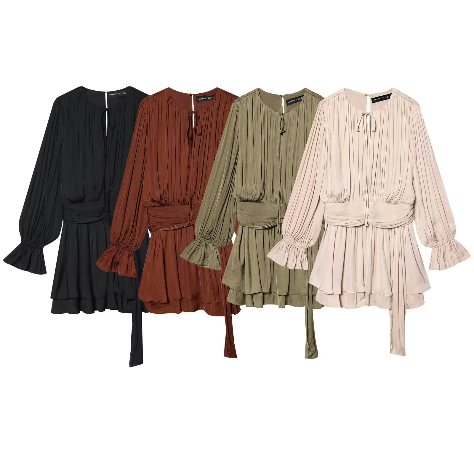 2026 spring new women's clothing retro temperament simple pleated waist slimming long sleeved dress short skirt