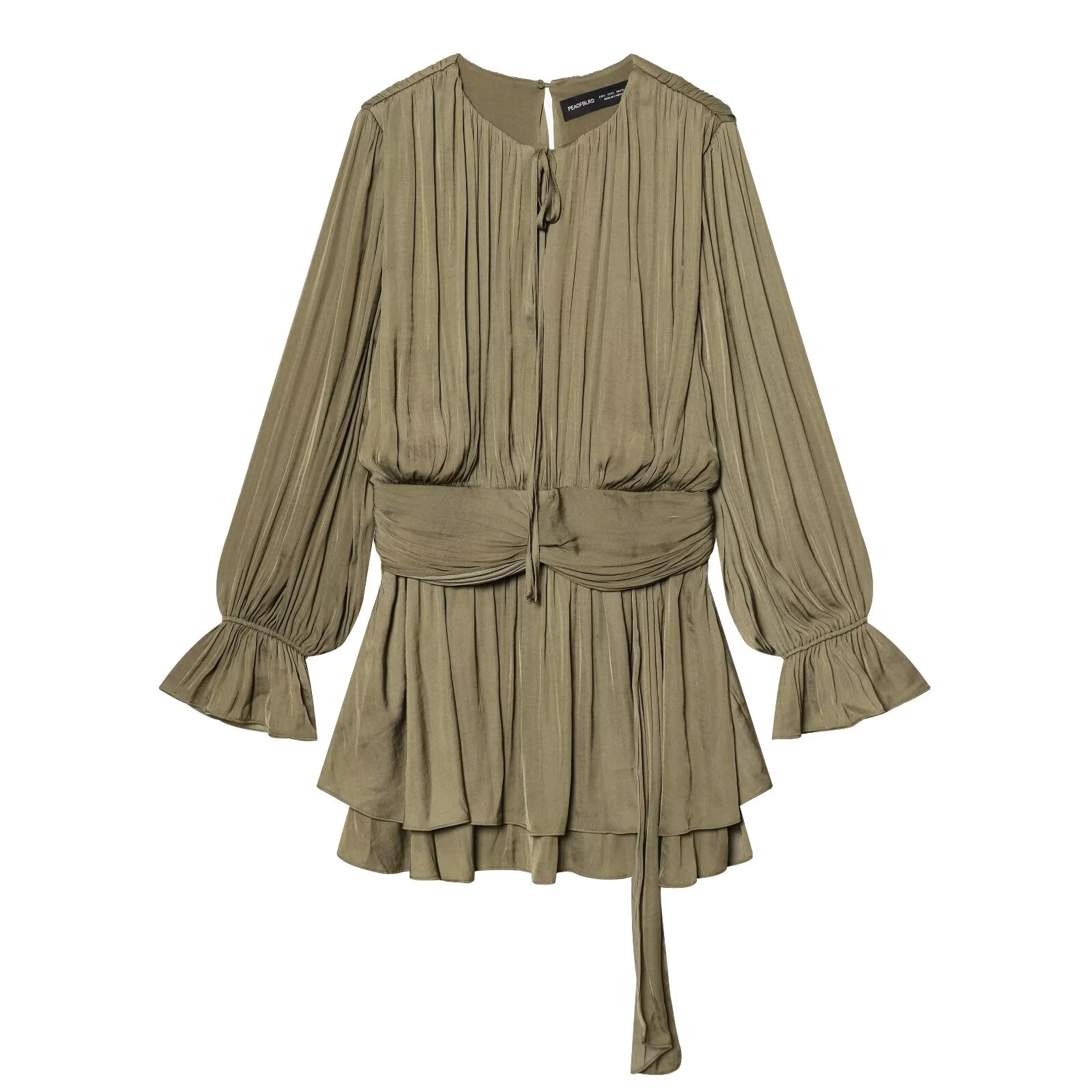 2026 spring new women's clothing retro temperament simple pleated waist slimming long sleeved dress short skirt