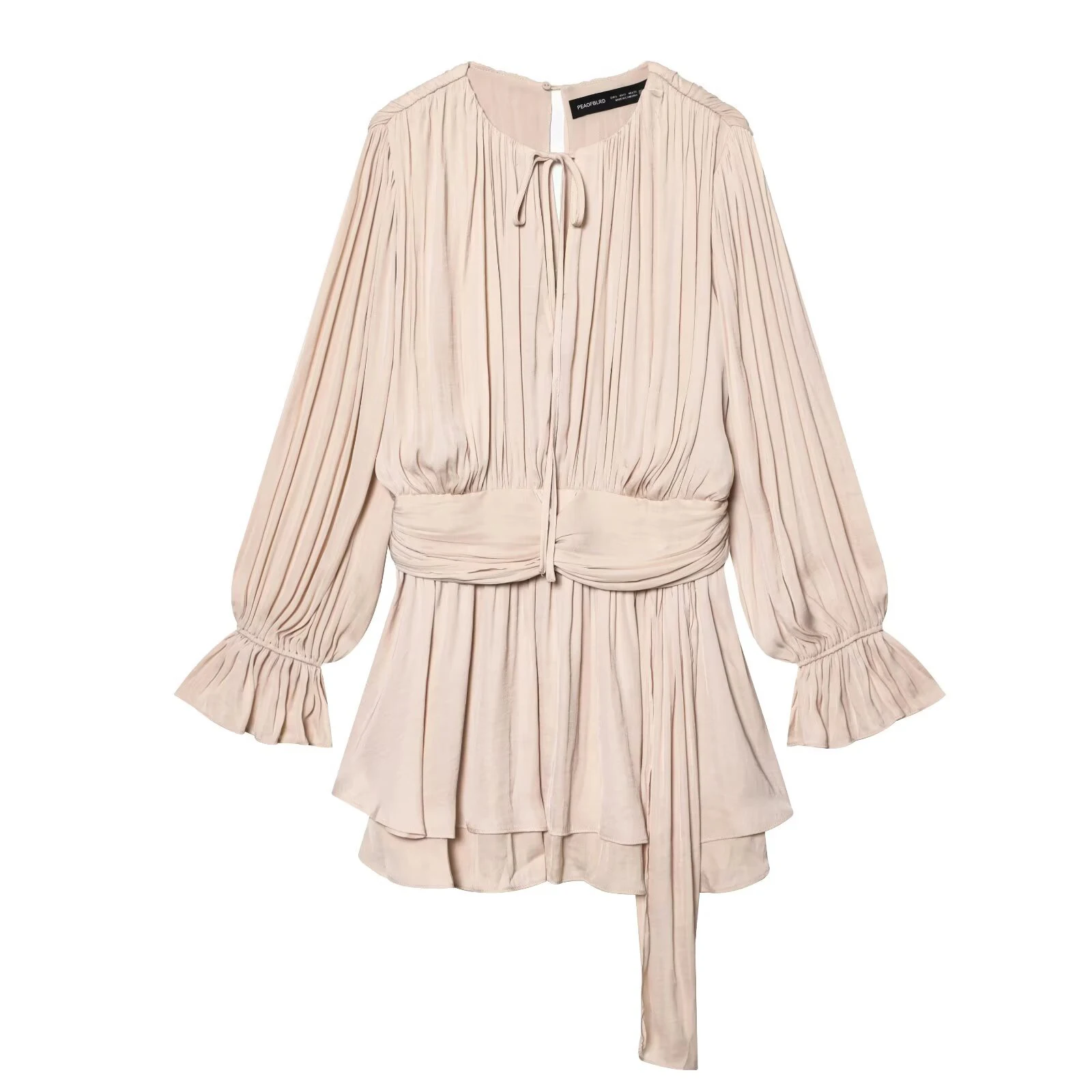 2026 spring new women's clothing retro temperament simple pleated waist slimming long sleeved dress short skirt