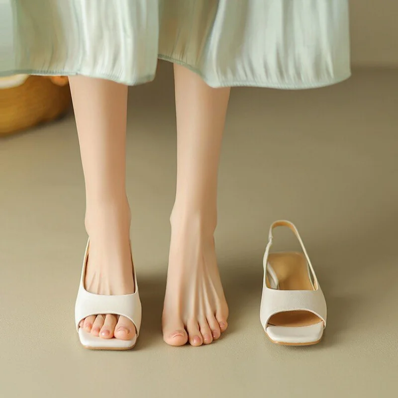Women's Open-Toe Sandals Square-Toe Low-Heel Comfort Slip-On Dress Shoes PU Leather Ideal for summer office wear and commuting.