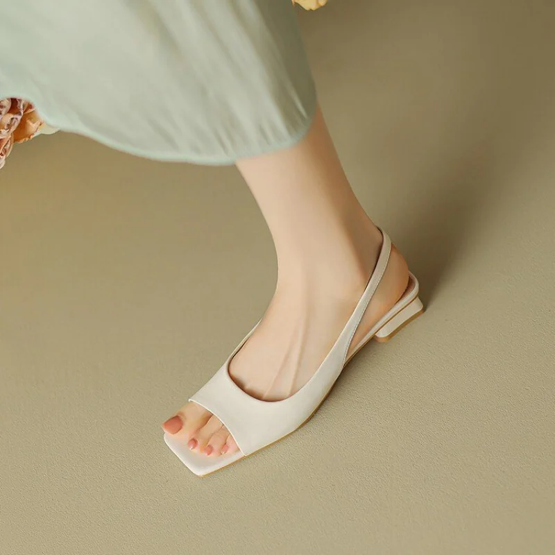 Women's Open-Toe Sandals Square-Toe Low-Heel Comfort Slip-On Dress Shoes PU Leather Ideal for summer office wear and commuting.