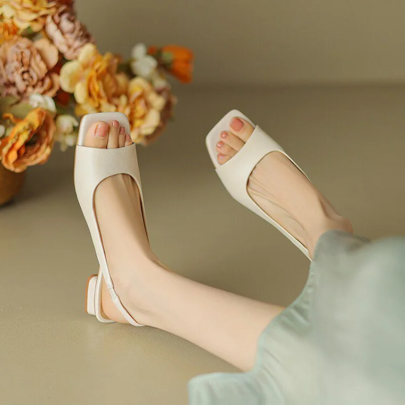 Women's Open-Toe Sandals Square-Toe Low-Heel Comfort Slip-On Dress Shoes PU Leather Ideal for summer office wear and commuting.