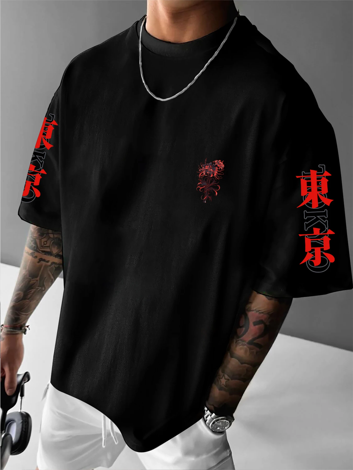 Men's Gothic Japanese Red Spider Lily Graphic T-Shirt Streetwear Crew Neck Long Sleeve Polyester Tops with Butterfly Print S-2XL