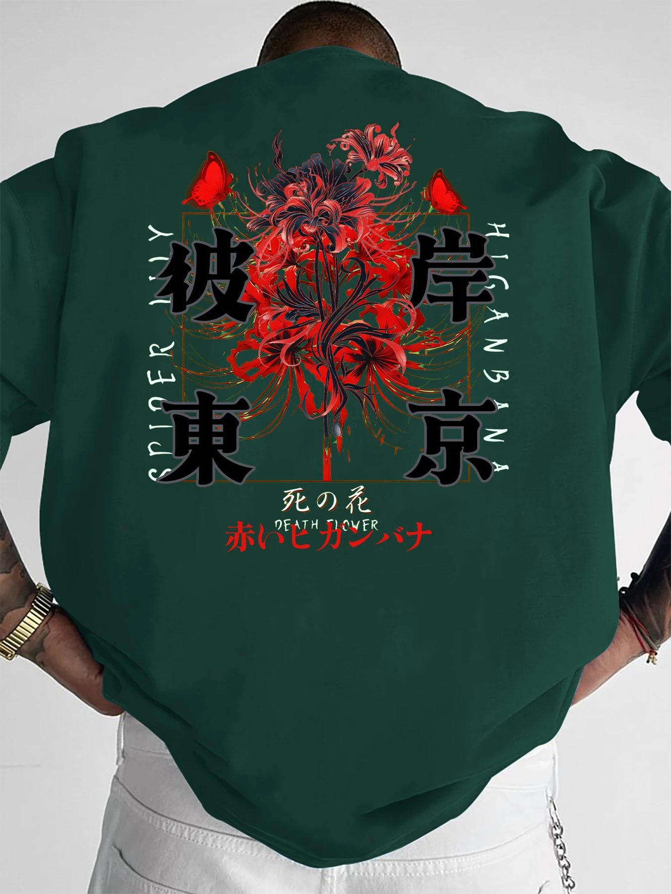 Men's Gothic Japanese Red Spider Lily Graphic T-Shirt Streetwear Crew Neck Long Sleeve Polyester Tops with Butterfly Print S-2XL