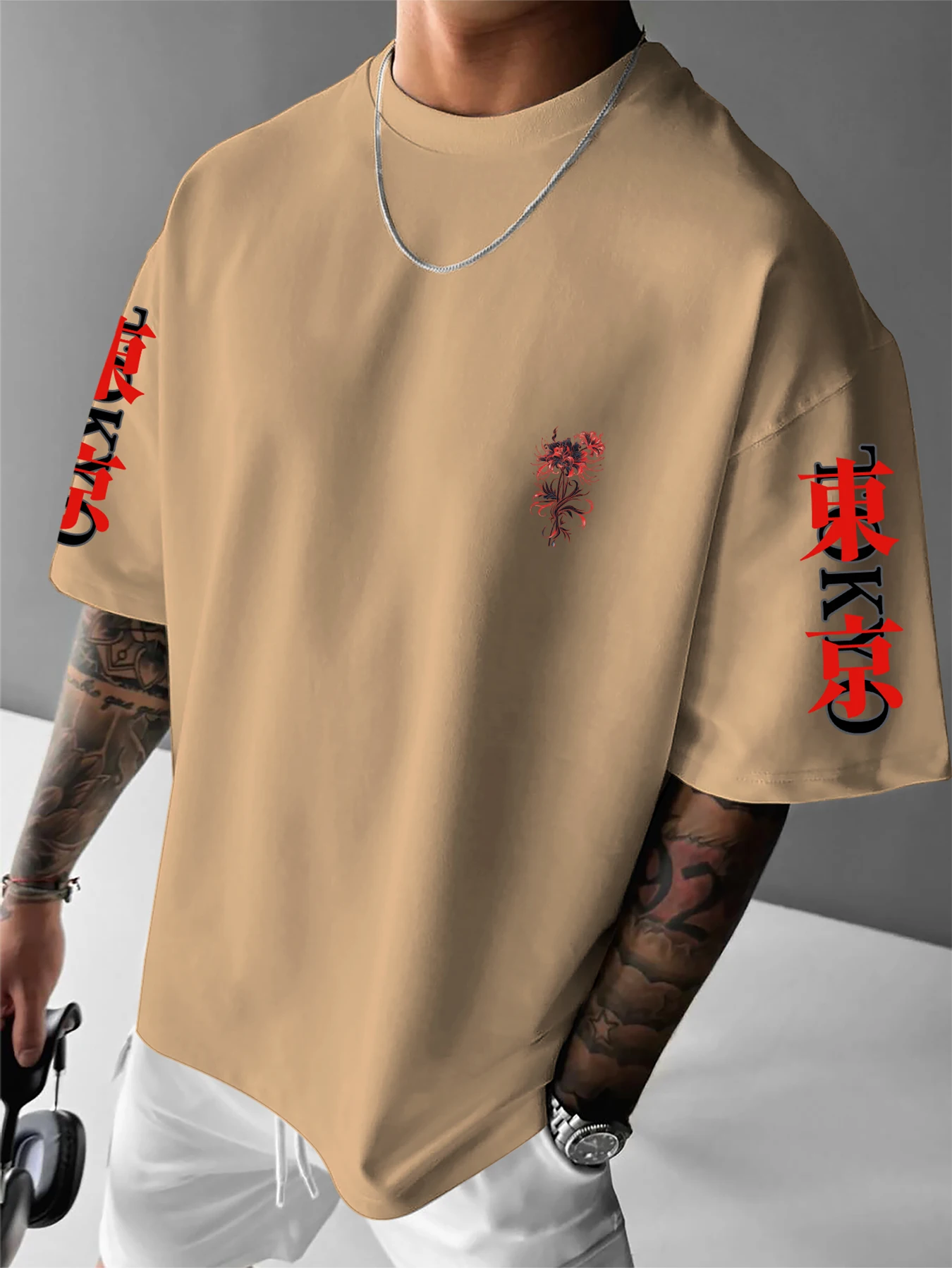 Men's Gothic Japanese Red Spider Lily Graphic T-Shirt Streetwear Crew Neck Long Sleeve Polyester Tops with Butterfly Print S-2XL