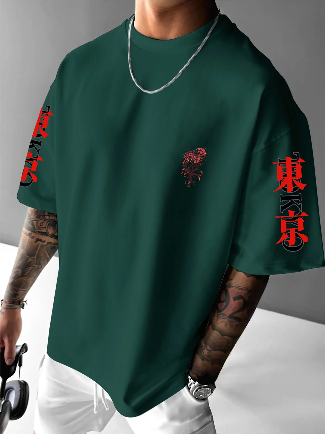 Men's Gothic Japanese Red Spider Lily Graphic T-Shirt Streetwear Crew Neck Long Sleeve Polyester Tops with Butterfly Print S-2XL