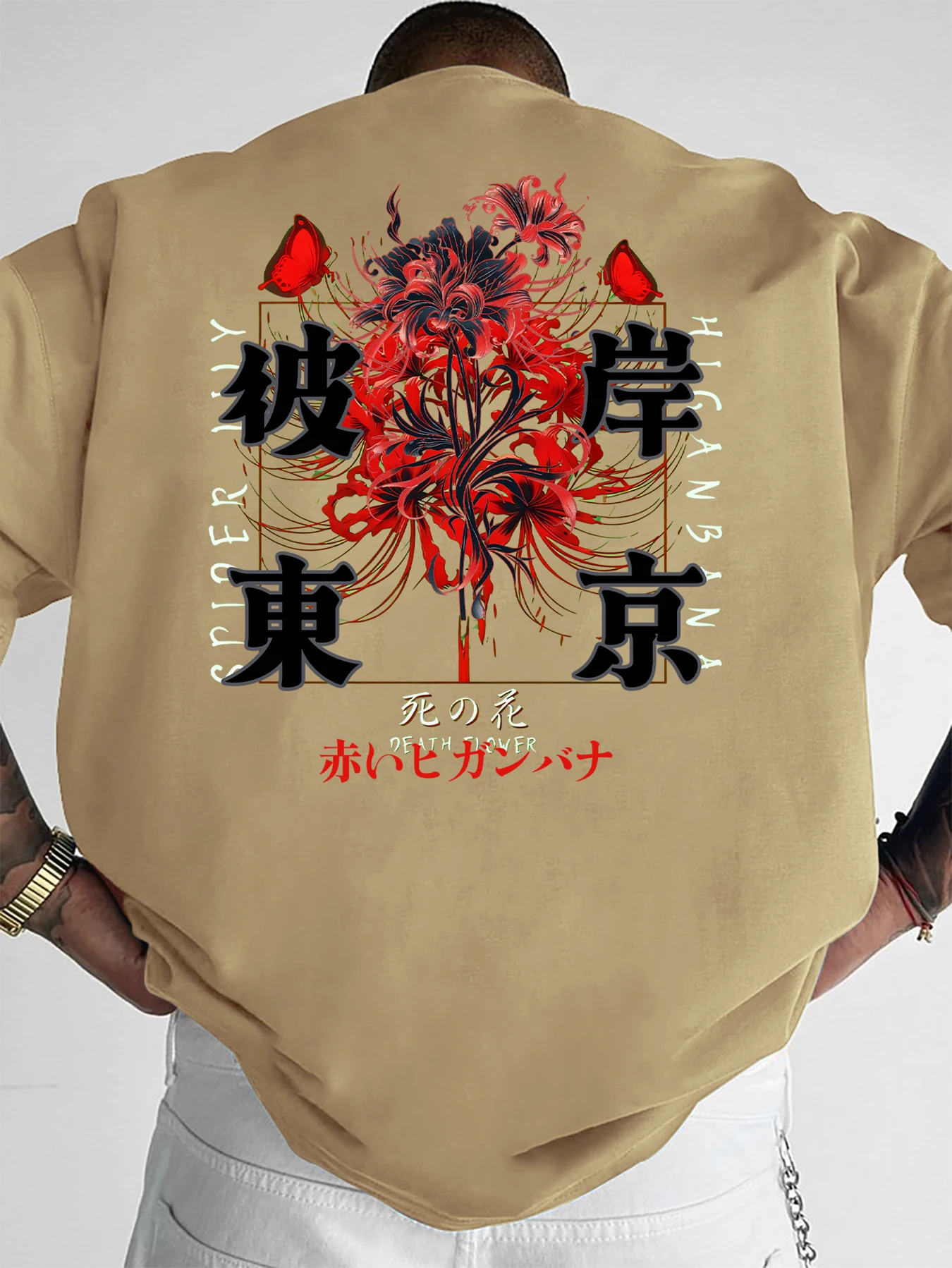 Men's Gothic Japanese Red Spider Lily Graphic T-Shirt Streetwear Crew Neck Long Sleeve Polyester Tops with Butterfly Print S-2XL