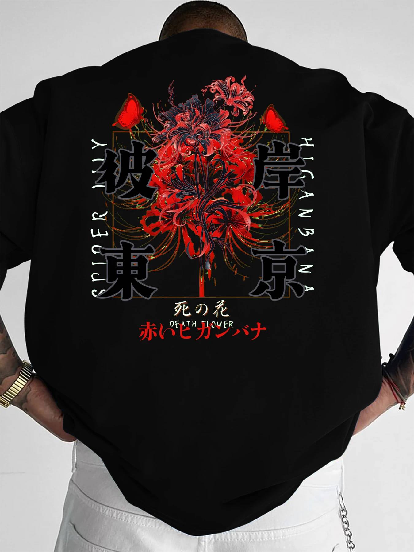 Men's Gothic Japanese Red Spider Lily Graphic T-Shirt Streetwear Crew Neck Long Sleeve Polyester Tops with Butterfly Print S-2XL