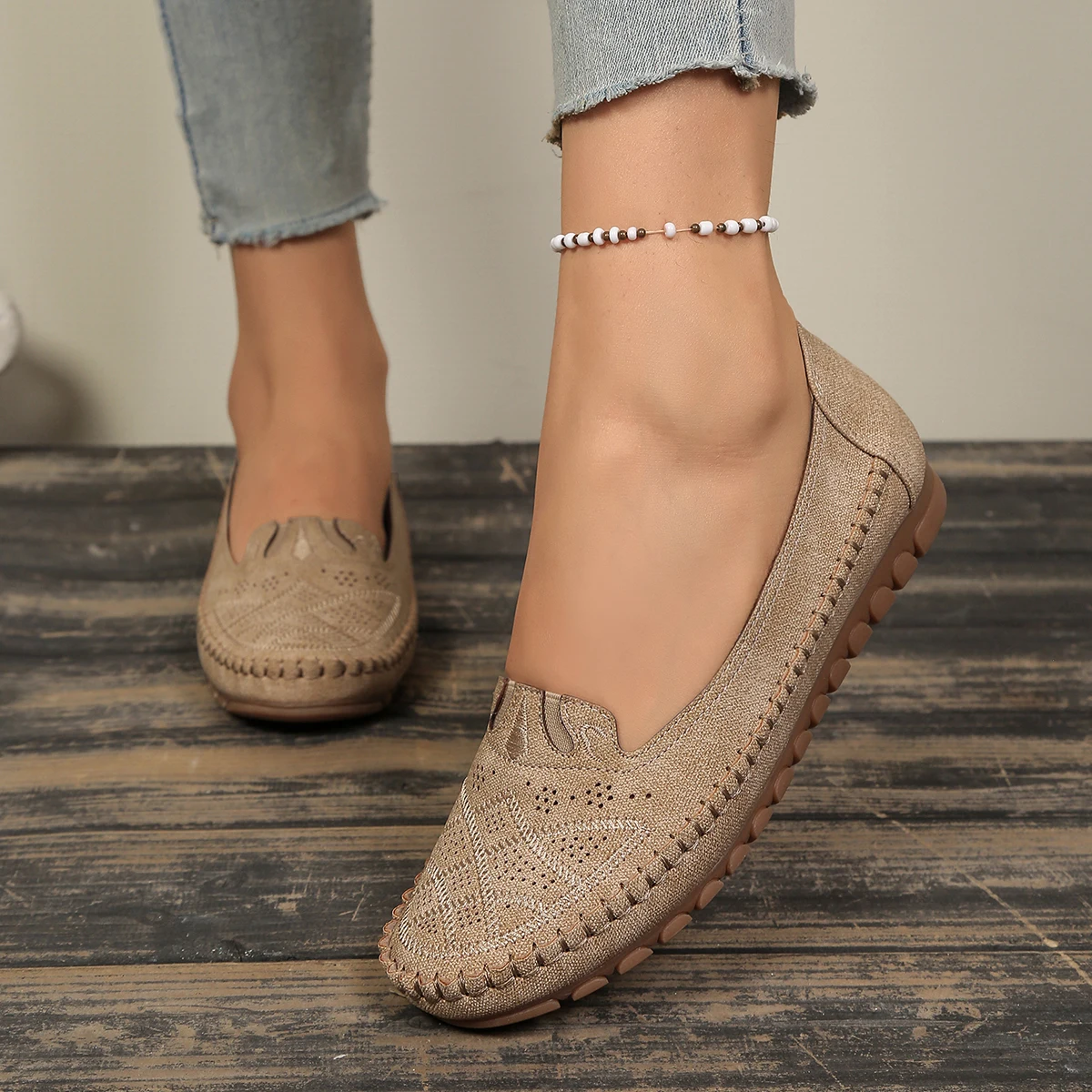 goreyodoly Women Slip On Loafers Wide Fit Comfortable Flats Lightweight Breathable Shoe Perforated Embroidery Print Leather Look