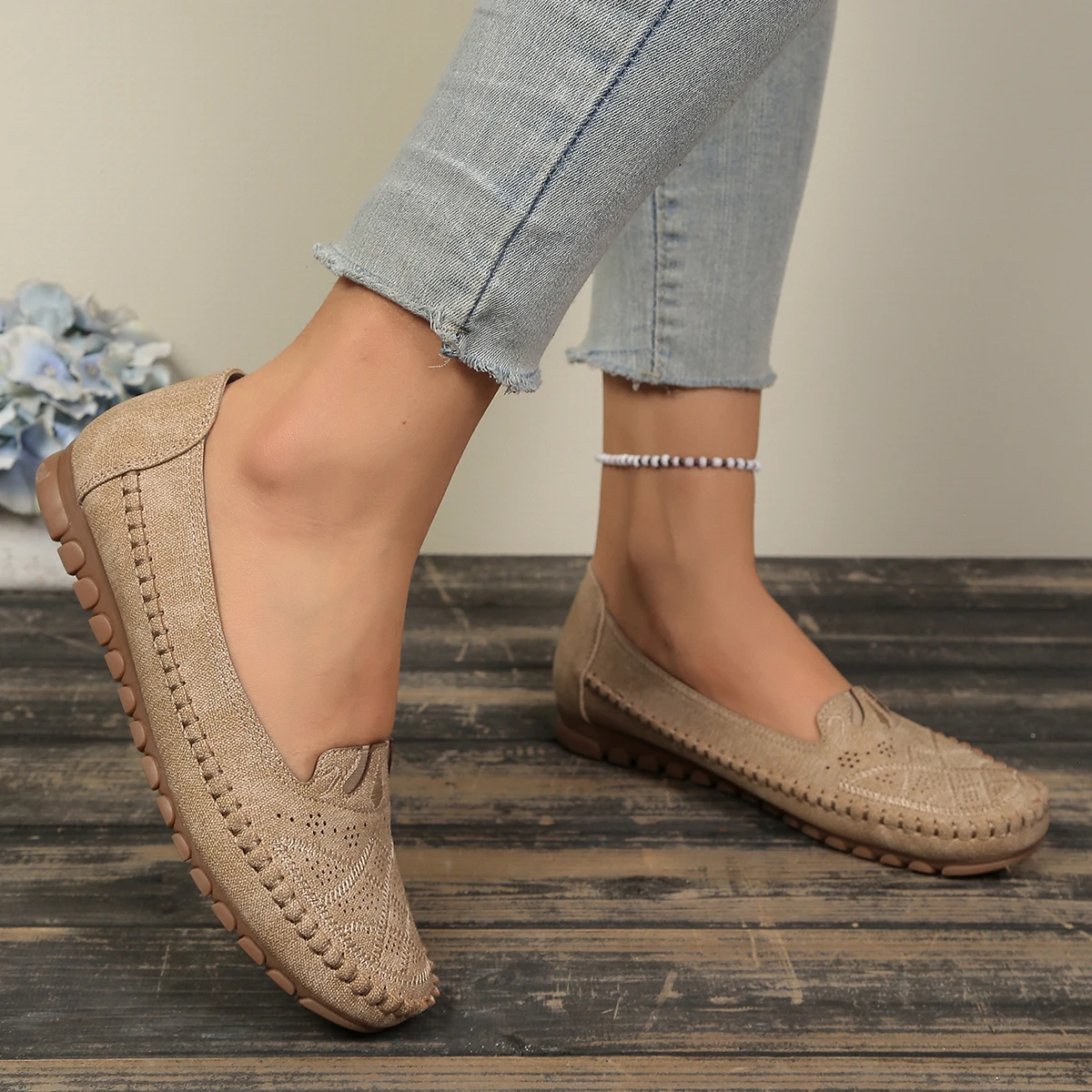 goreyodoly Women Slip On Loafers Wide Fit Comfortable Flats Lightweight Breathable Shoe Perforated Embroidery Print Leather Look