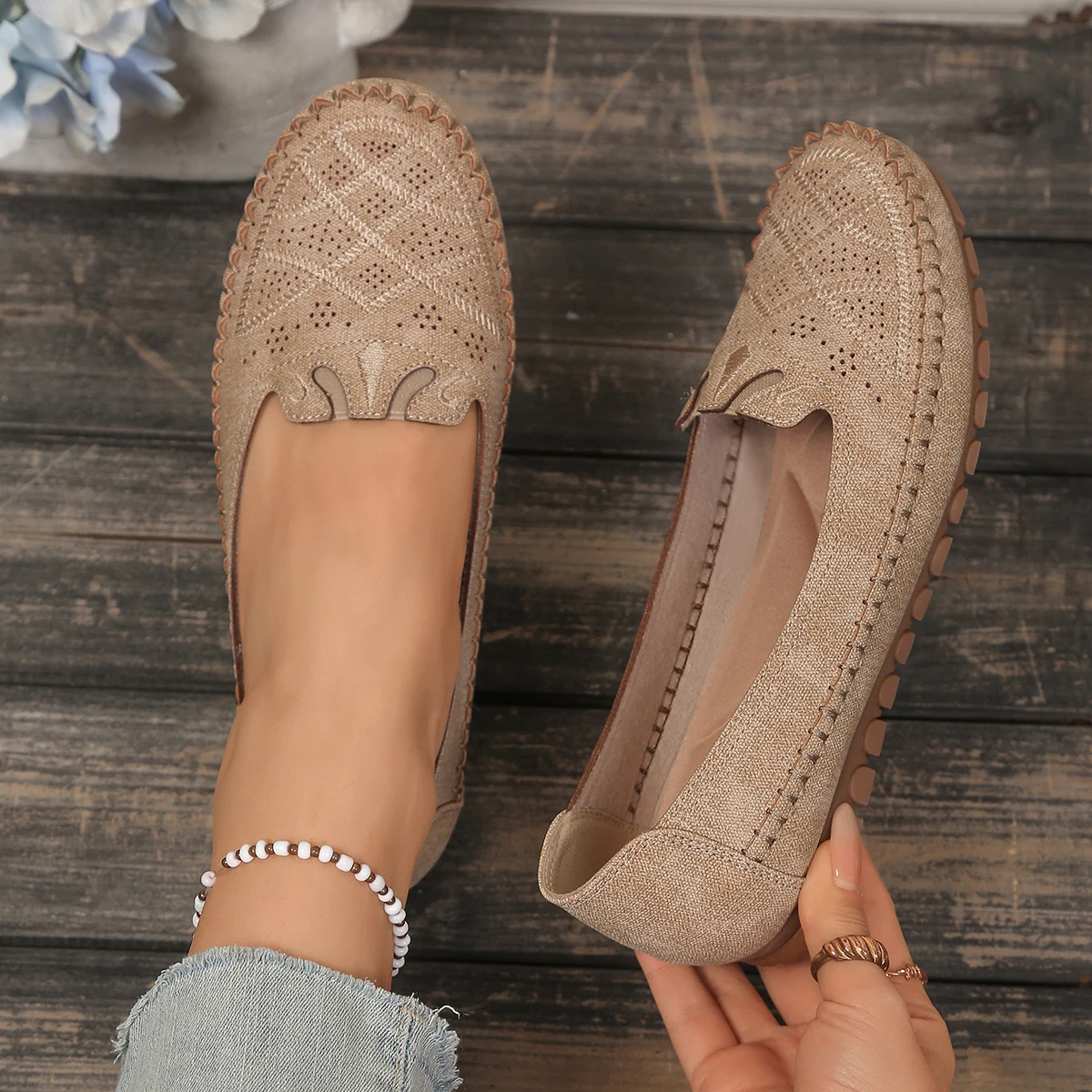 goreyodoly Women Slip On Loafers Wide Fit Comfortable Flats Lightweight Breathable Shoe Perforated Embroidery Print Leather Look