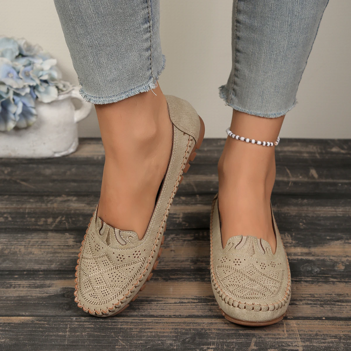 goreyodoly Women Slip On Loafers Wide Fit Comfortable Flats Lightweight Breathable Shoe Perforated Embroidery Print Leather Look