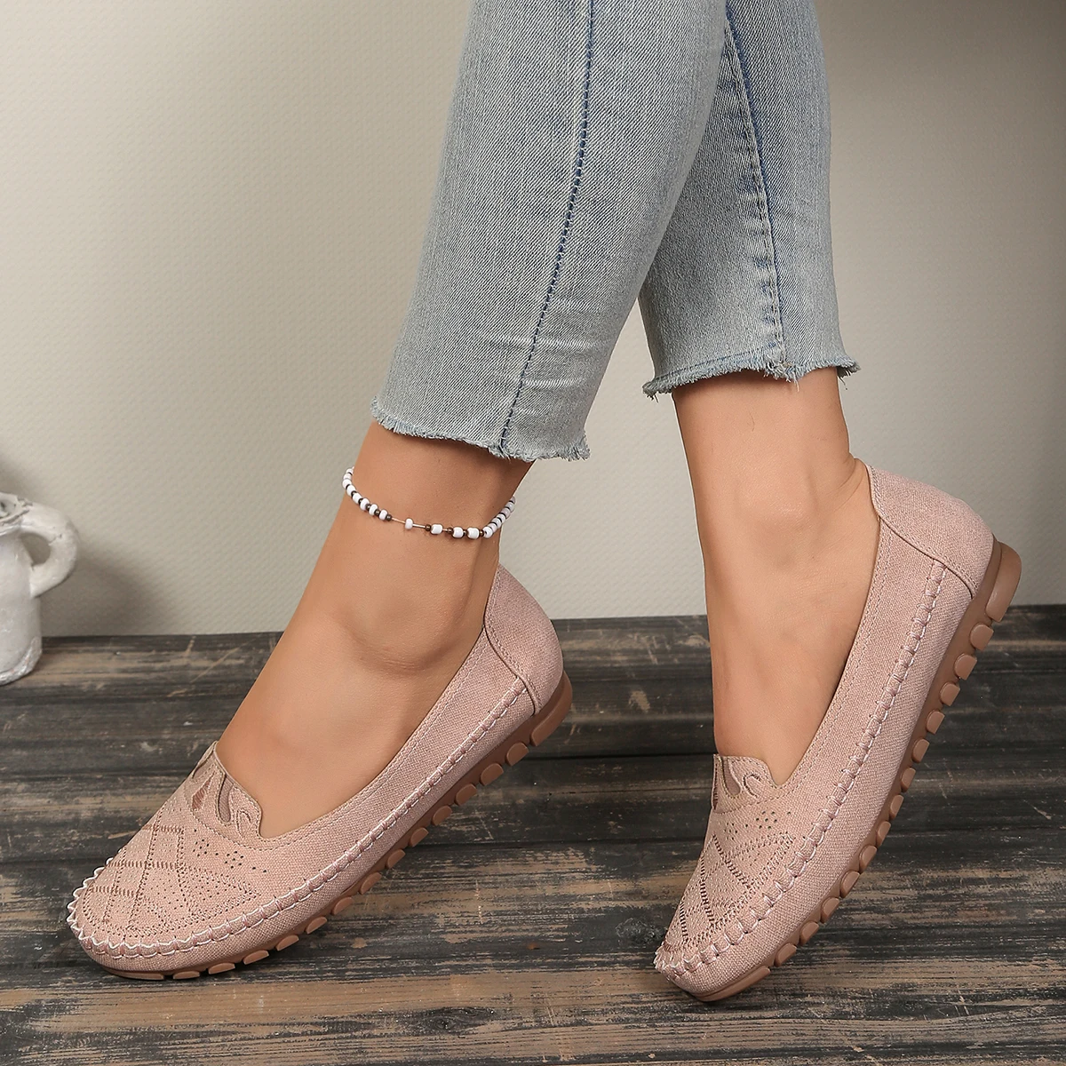 goreyodoly Women Slip On Loafers Wide Fit Comfortable Flats Lightweight Breathable Shoe Perforated Embroidery Print Leather Look