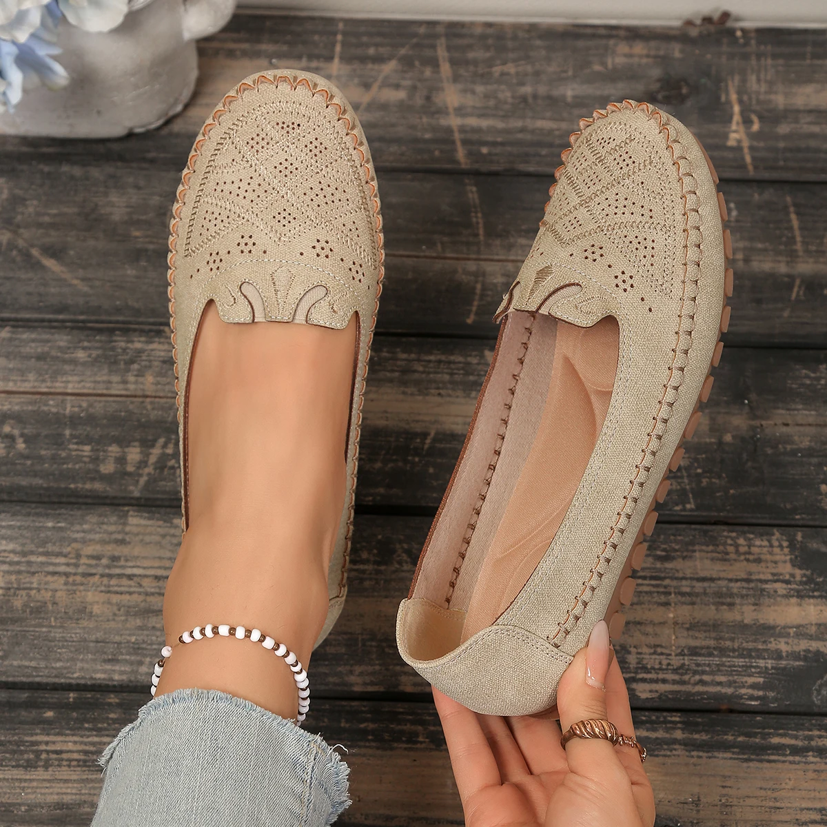 goreyodoly Women Slip On Loafers Wide Fit Comfortable Flats Lightweight Breathable Shoe Perforated Embroidery Print Leather Look