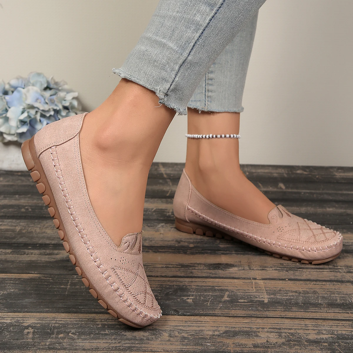 goreyodoly Women Slip On Loafers Wide Fit Comfortable Flats Lightweight Breathable Shoe Perforated Embroidery Print Leather Look