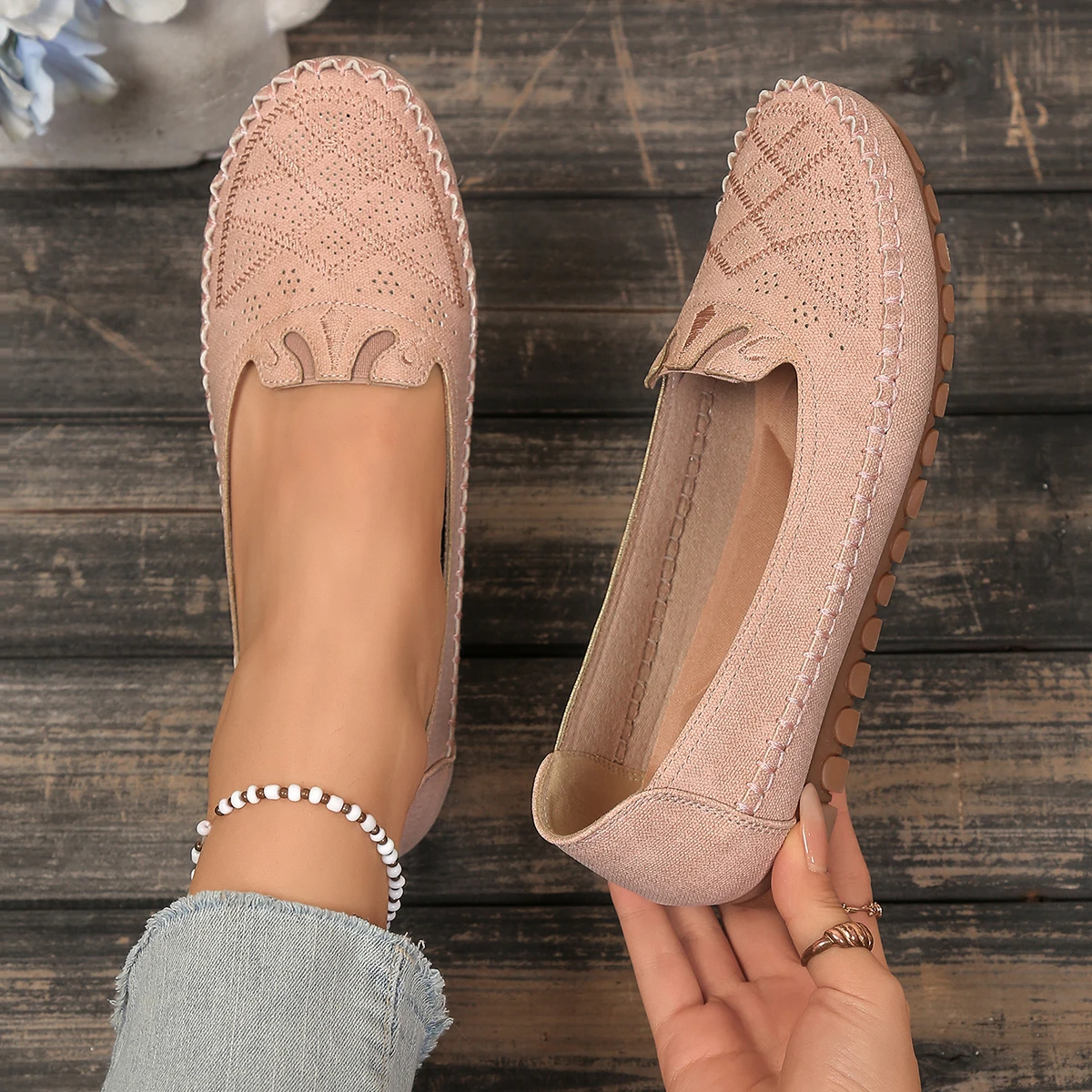 goreyodoly Women Slip On Loafers Wide Fit Comfortable Flats Lightweight Breathable Shoe Perforated Embroidery Print Leather Look