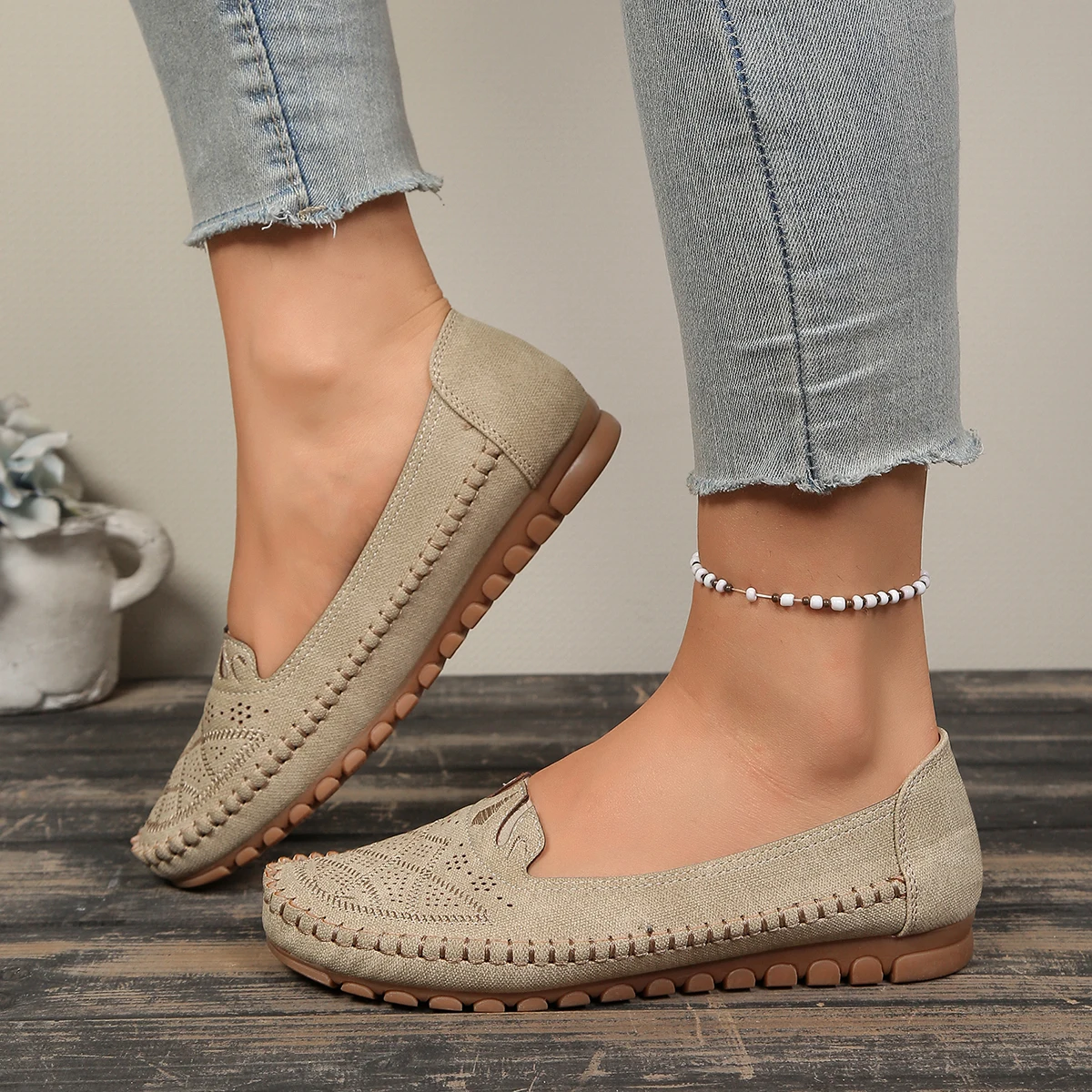 goreyodoly Women Slip On Loafers Wide Fit Comfortable Flats Lightweight Breathable Shoe Perforated Embroidery Print Leather Look