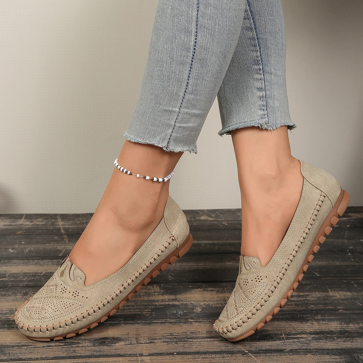 goreyodoly Women Slip On Loafers Wide Fit Comfortable Flats Lightweight Breathable Shoe Perforated Embroidery Print Leather Look