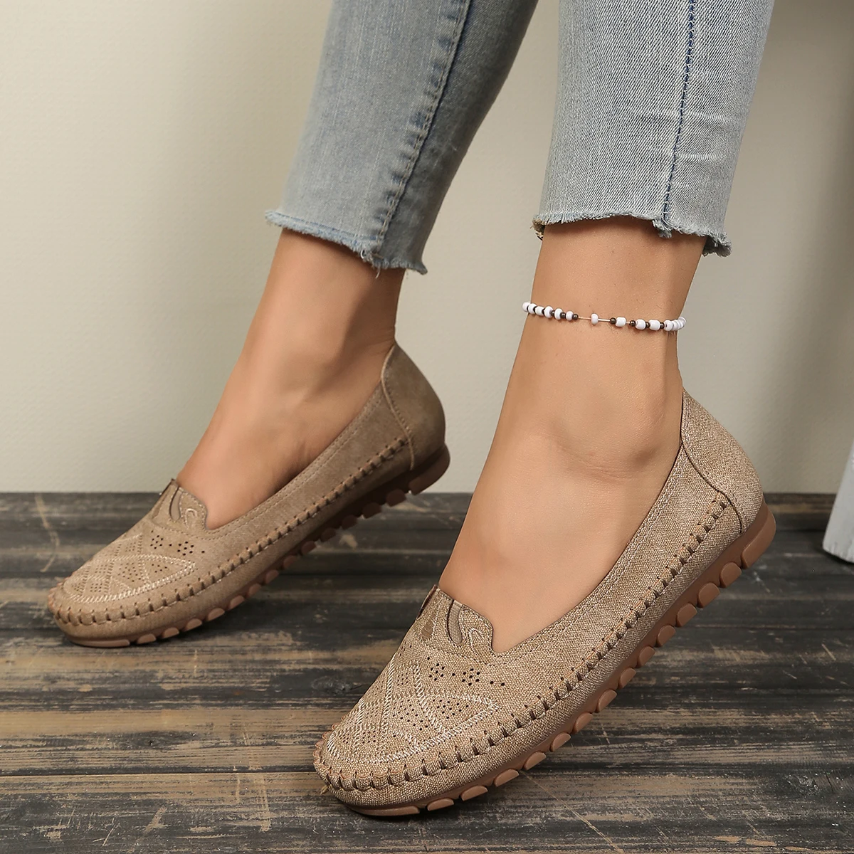 goreyodoly Women Slip On Loafers Wide Fit Comfortable Flats Lightweight Breathable Shoe Perforated Embroidery Print Leather Look