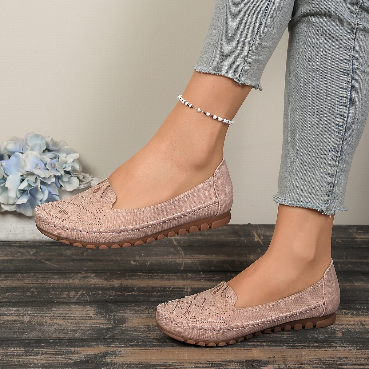 goreyodoly Women Slip On Loafers Wide Fit Comfortable Flats Lightweight Breathable Shoe Perforated Embroidery Print Leather Look