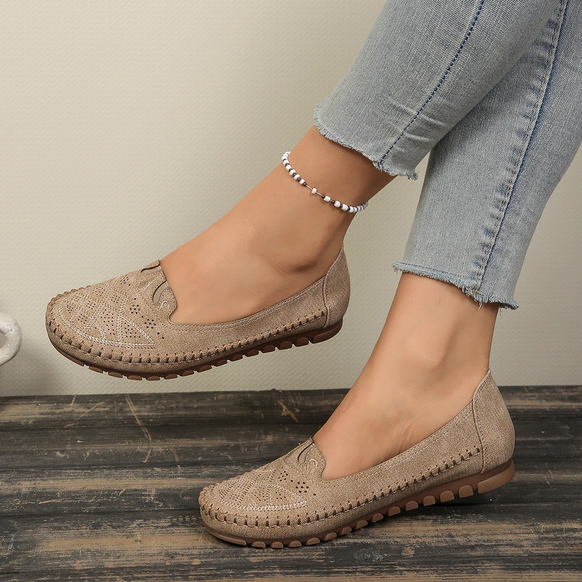goreyodoly Women Slip On Loafers Wide Fit Comfortable Flats Lightweight Breathable Shoe Perforated Embroidery Print Leather Look