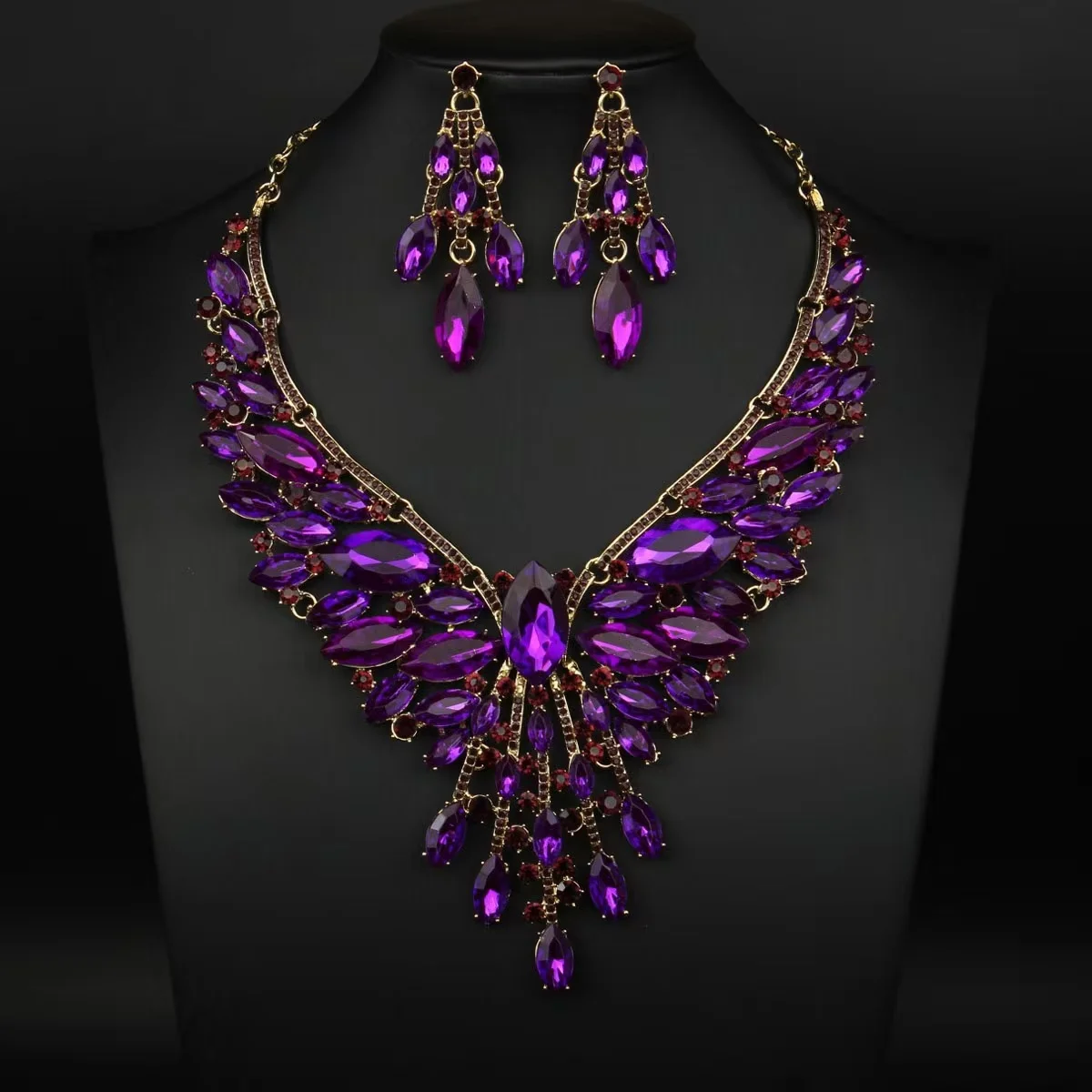 2 pieces of multi-color inlaid crystal electroplated alloy necklace and ear ring set. Wedding accessories. Gift for wife.