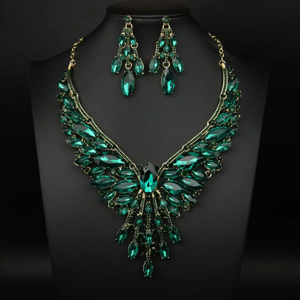 2 pieces of multi-color inlaid crystal electroplated alloy necklace and ear ring set. Wedding accessories. Gift for wife.