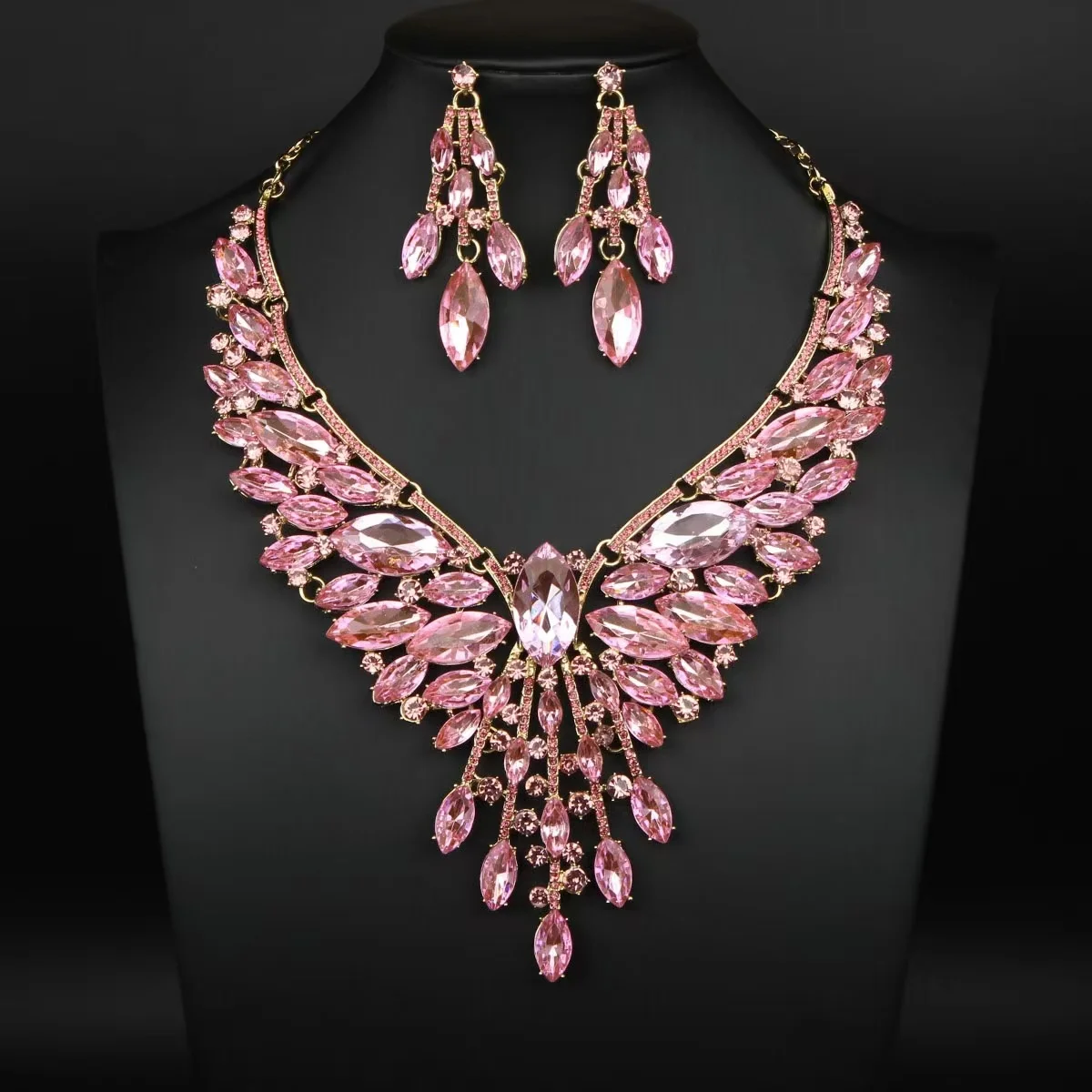 2 pieces of multi-color inlaid crystal electroplated alloy necklace and ear ring set. Wedding accessories. Gift for wife.