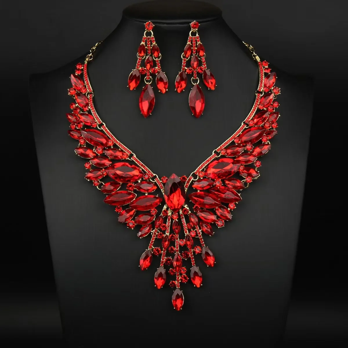 2 pieces of multi-color inlaid crystal electroplated alloy necklace and ear ring set. Wedding accessories. Gift for wife.