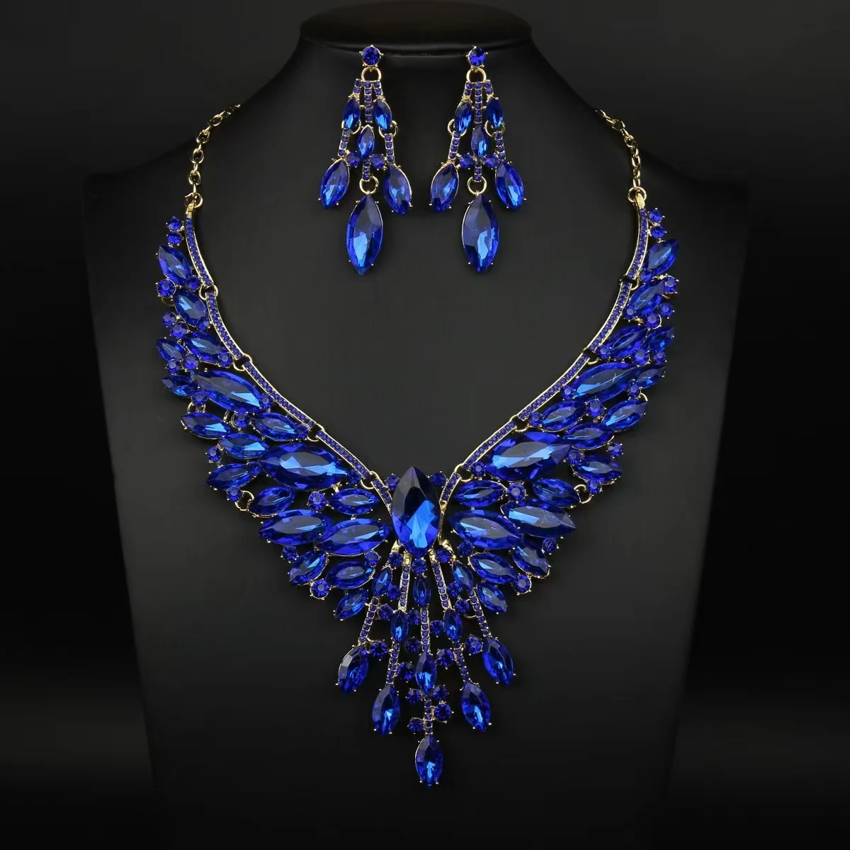 2 pieces of multi-color inlaid crystal electroplated alloy necklace and ear ring set. Wedding accessories. Gift for wife.
