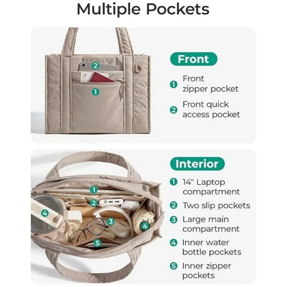 Nylon Puffer Tote Bag for Women Large Capacity Multiple Pockets Quilted Crossbody Bag Lightweight Casual Commuting Bags
