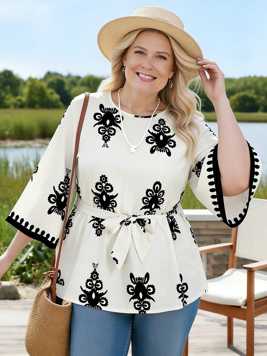Plus Size Women's T-Shirt Round Neck 3/4 Sleeve Print Loose Fit Tops Boho Tee Spring Summer Casual T-Shirt Beach Light Tops
