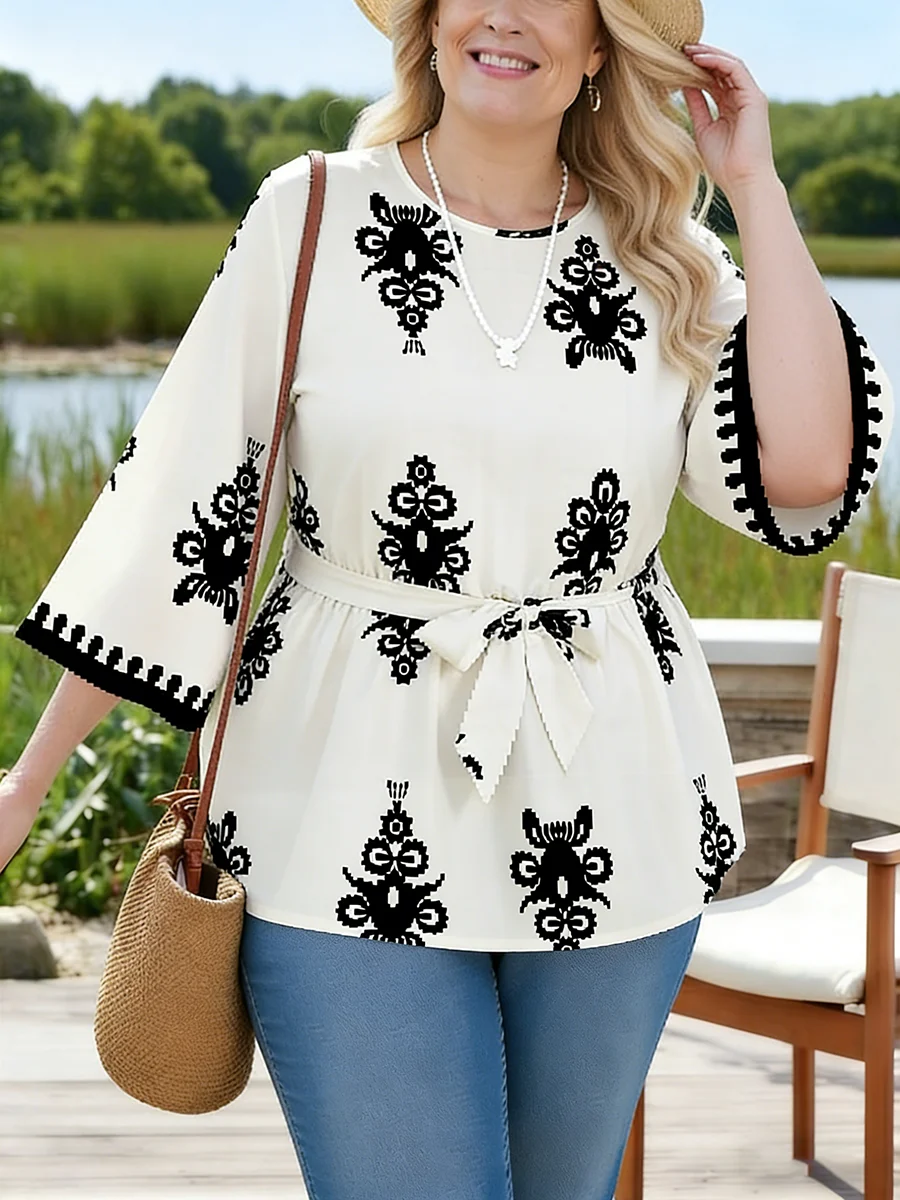 Plus Size Women's T-Shirt Round Neck 3/4 Sleeve Print Loose Fit Tops Boho Tee Spring Summer Casual T-Shirt Beach Light Tops
