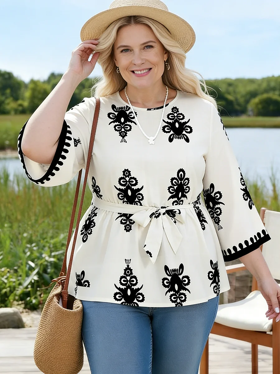 Plus Size Women's T-Shirt Round Neck 3/4 Sleeve Print Loose Fit Tops Boho Tee Spring Summer Casual T-Shirt Beach Light Tops