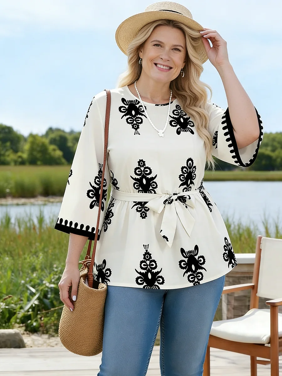 Plus Size Women's T-Shirt Round Neck 3/4 Sleeve Print Loose Fit Tops Boho Tee Spring Summer Casual T-Shirt Beach Light Tops