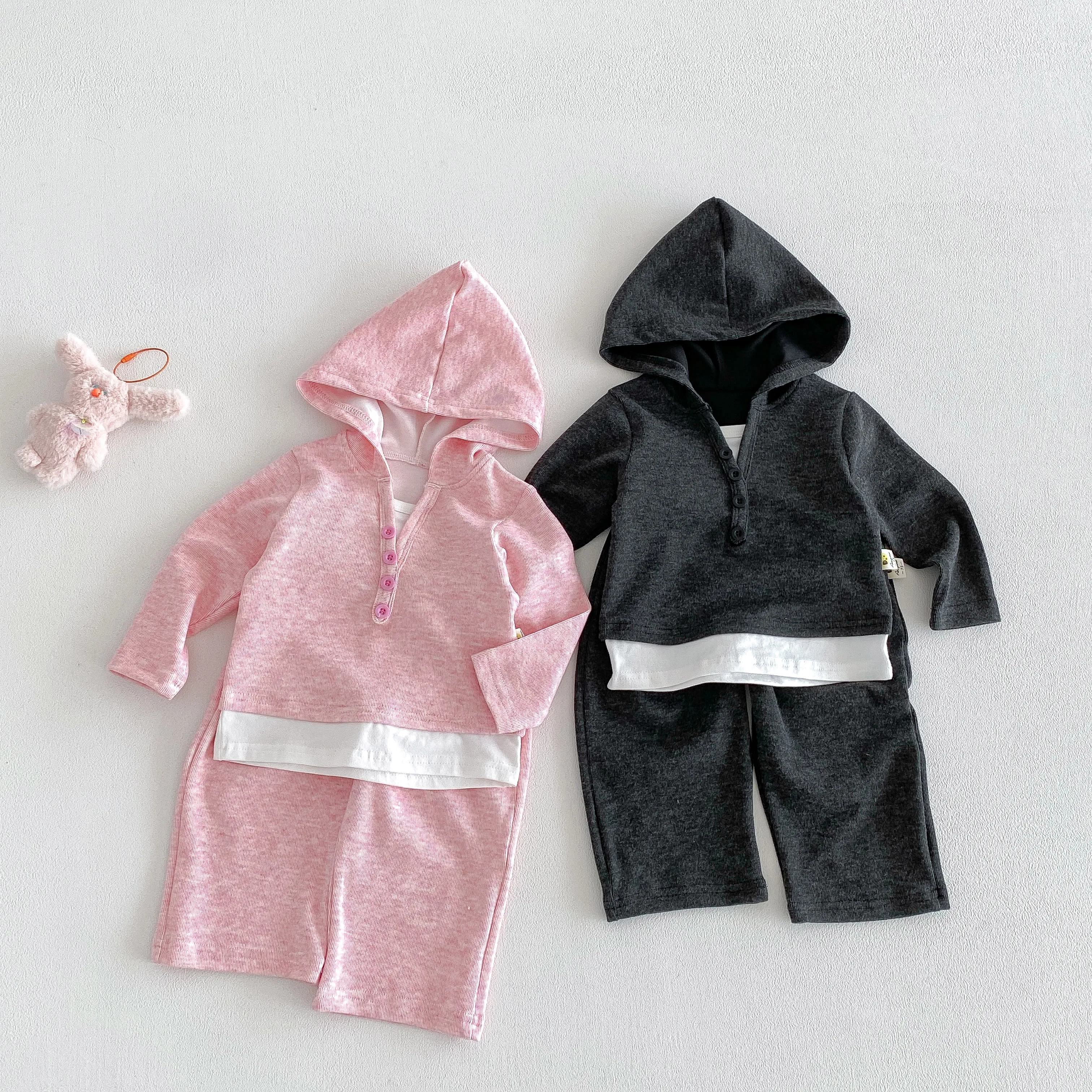 New Spring-Autumn Style Men's and Women's Baby-Sized Korean-Style Fake Two-Piece Hooded Base Shirt and Wide-Leg Pants Set