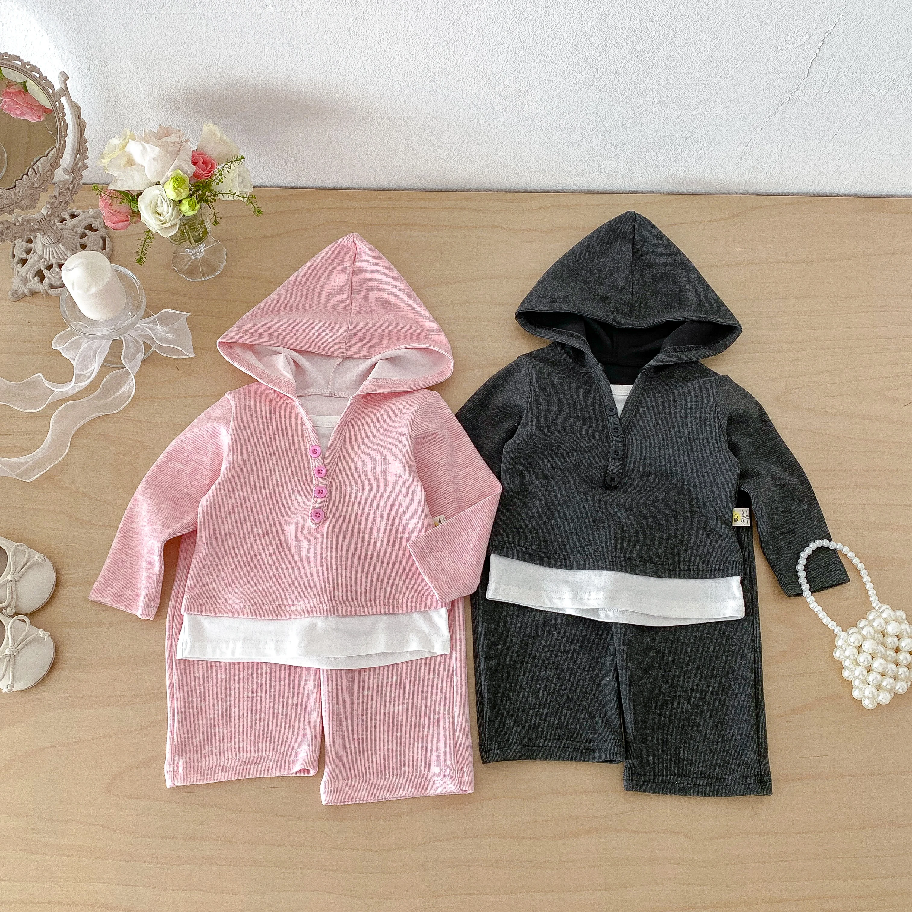 New Spring-Autumn Style Men's and Women's Baby-Sized Korean-Style Fake Two-Piece Hooded Base Shirt and Wide-Leg Pants Set